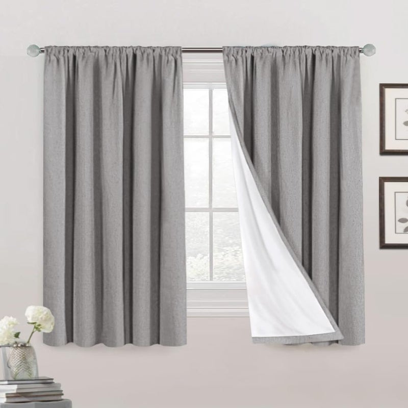 PrinceDeco 100% Blackout Curtains Primitive Linen Textured Curtain Drapes for Bedroom Full Light Blocking Window Curtains Draperies for Living Burlap Fabric Soft with White Liner (52"W x 63"L, Light Grey) - Image 1